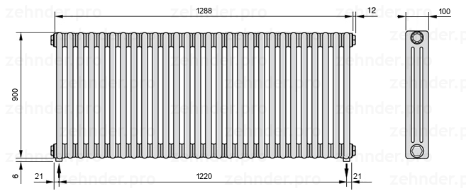 Схема (чертеж) Радиатор Zehnder Charleston 3090/28 №5310 Белый глянцевый RAL 9016